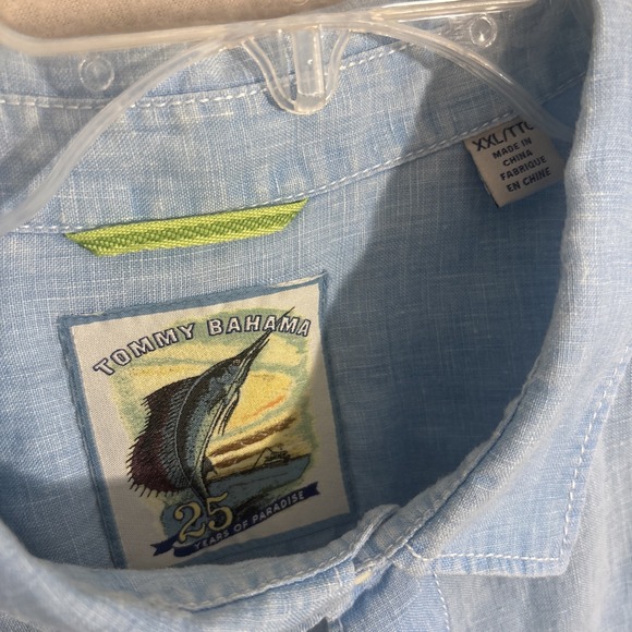 Tommy Bahama 100% Linen Button Up Shirt Men's 2XL Blue 25 years of Paradise EUC - Picture 10 of 10